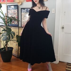 Vintage 90s Karin Stevens Velvet Maxi Dress Womens 14 Large Black Off Shoulder